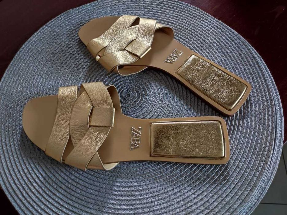 Zara klapki skórzane skórkowe ze skóry złote płaskie  hit sezonu