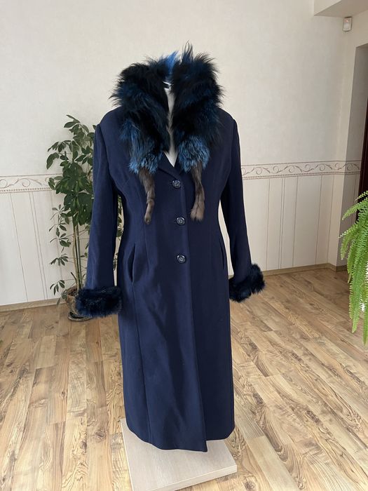 Płaszcz długi kaszmirowy wełniany 42 XL z futerkiem granatowy