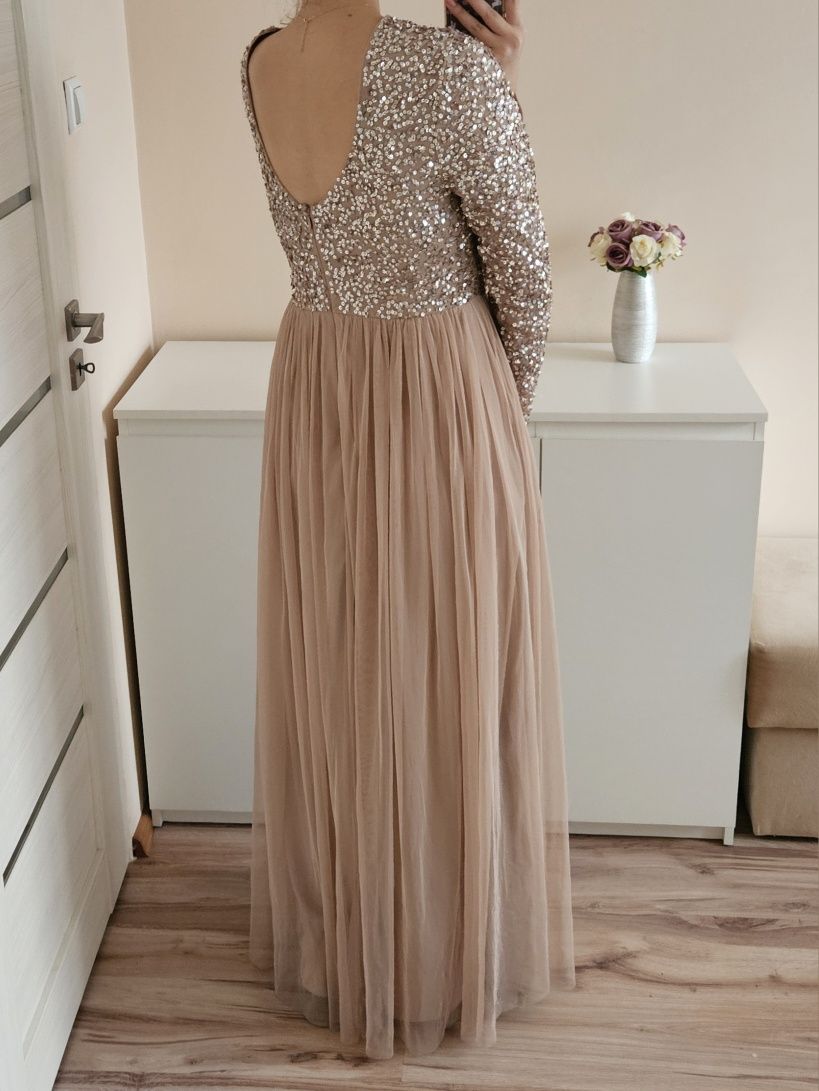 Sukienka maxi maya deluxe 42 XL beżowa cekiny tiul dekolt wesele