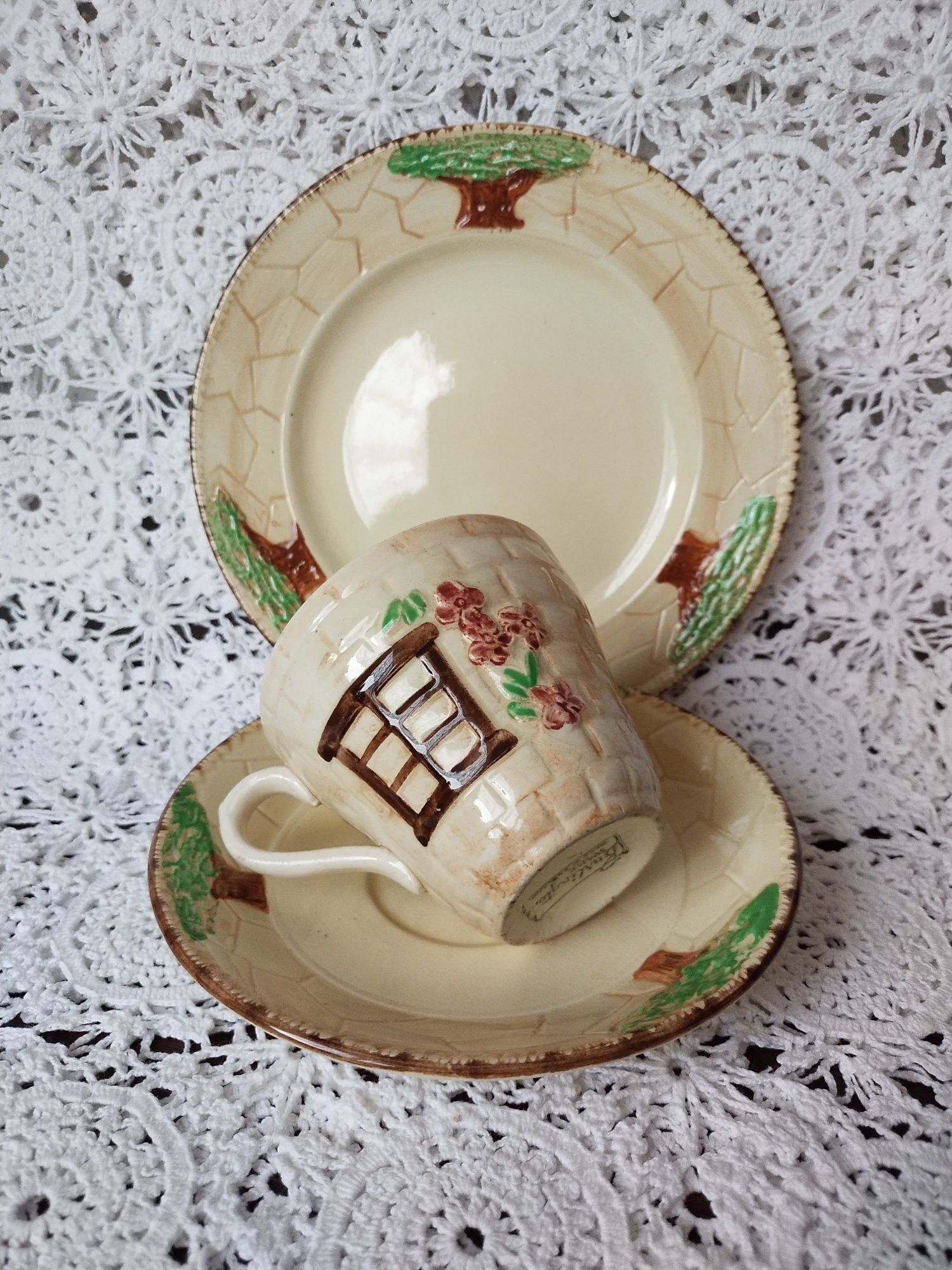 Cudna Stara Angielska Ceramika filizanka trio domek talerz vintage