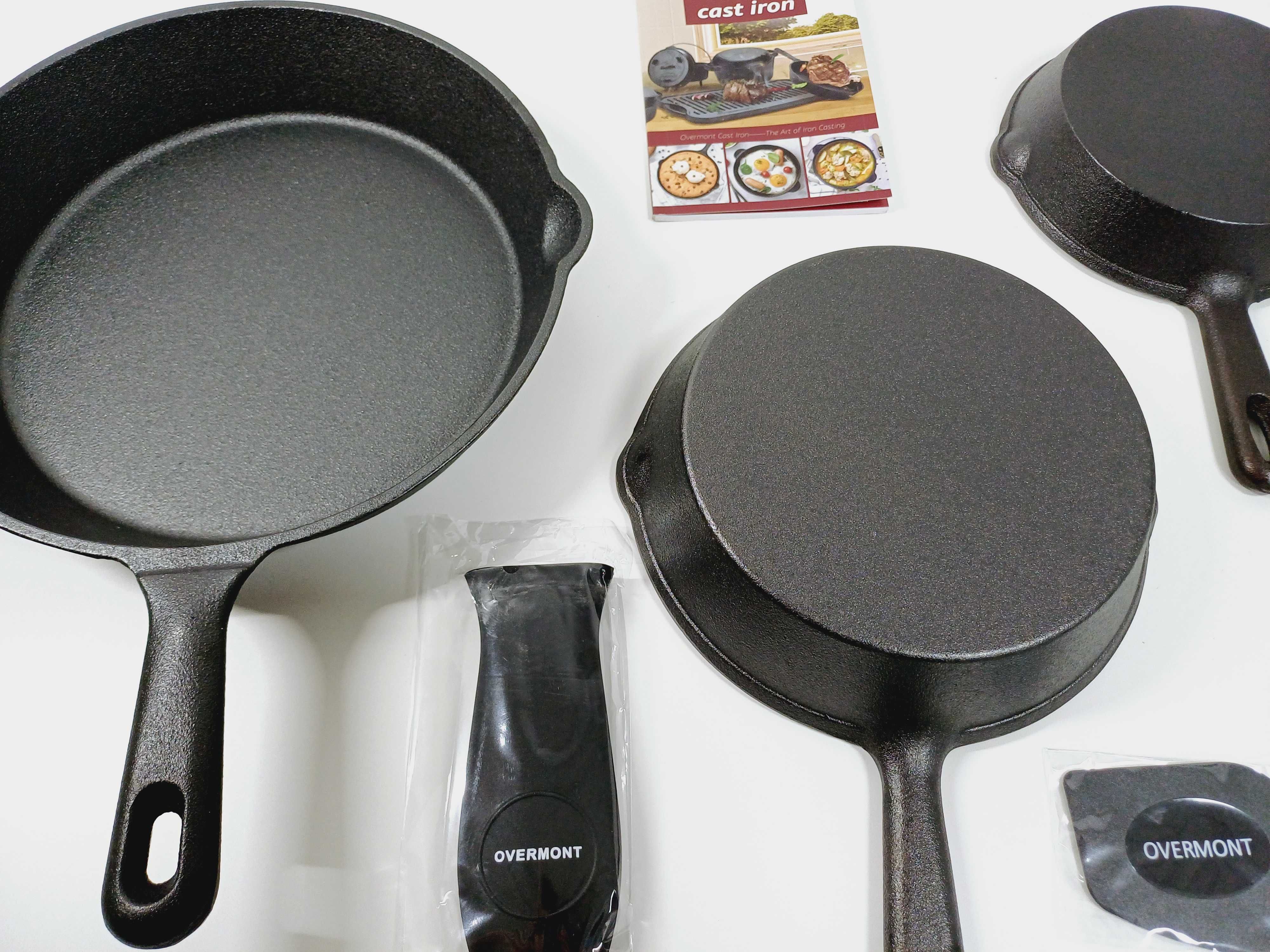 Patelnia Żeliwna CAST IRON zestaw 3 sztuk patelni 23,18,14 cm + osłona