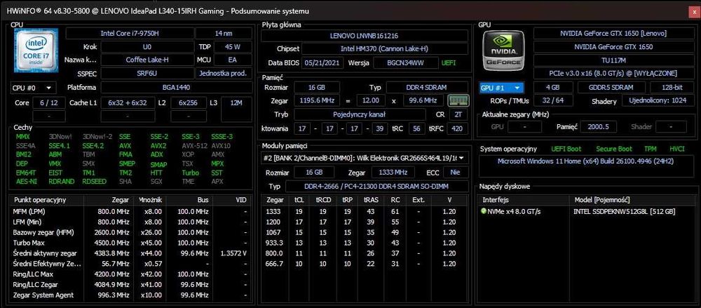 Laptop Lenovo Ideapad L340 Gaming - i7-9750H, GTX 1650, 16GB RAM, 15,6