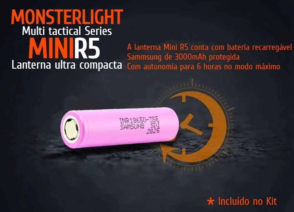 Lanterna tática MonsterLight Mini R5 com bateria recarregável