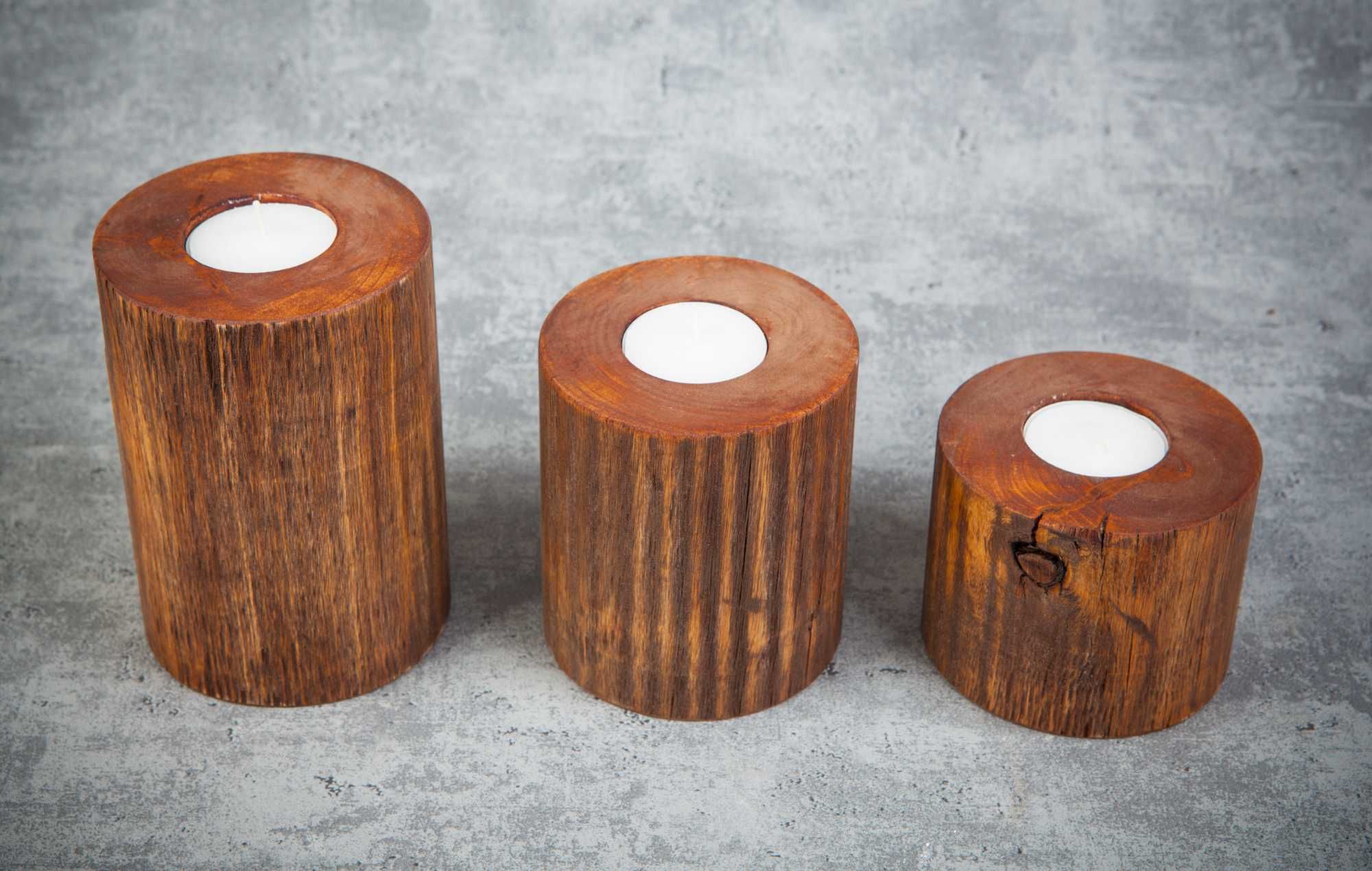 Zestaw rustykalnych świeczników tealight. Hand made