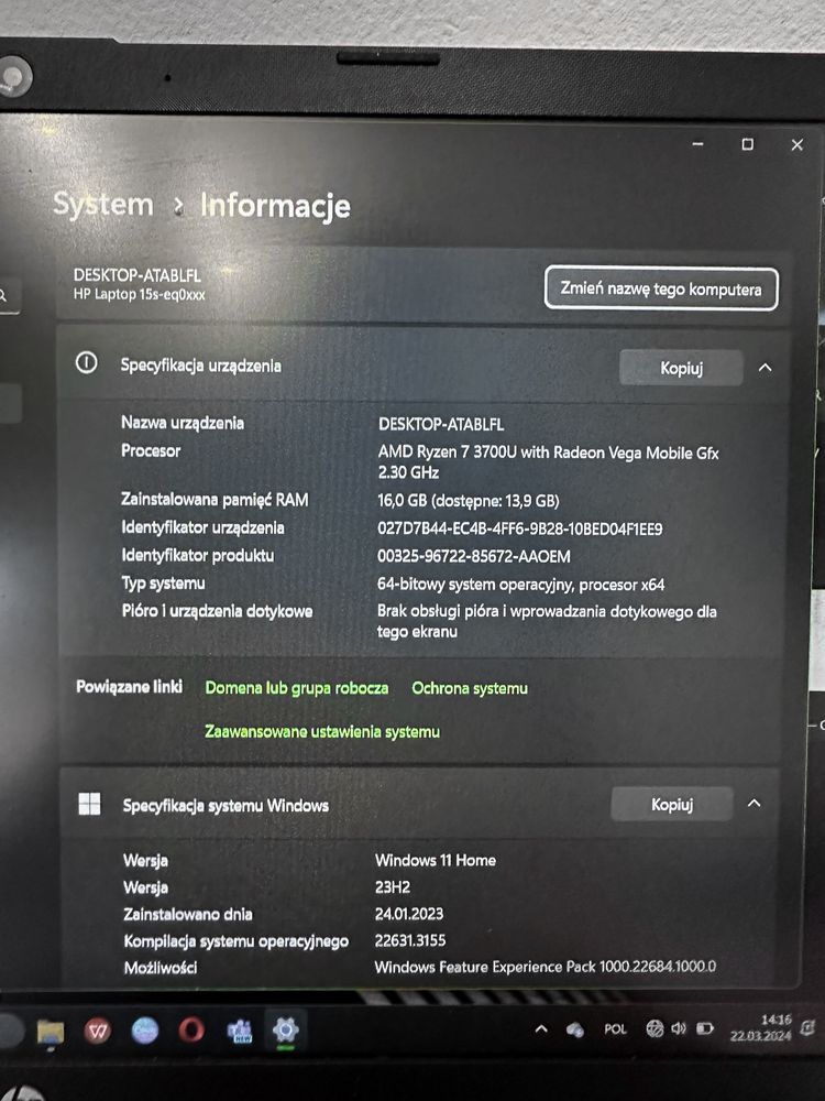 Laptop HP 16/370GB SSD; Ryzen 7; Radeon graphics