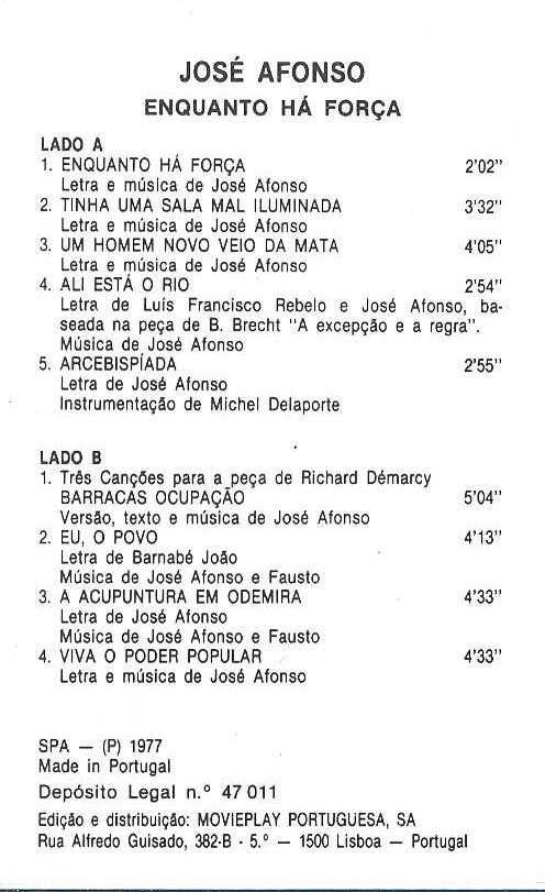 José Afonso	- - - - -		Enquanto Há Força	- - - - -	K7