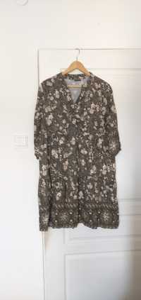 Sukienka trapezowa khaki kwiaty wiskoza ciążowa dekolt karo L XL 40 42