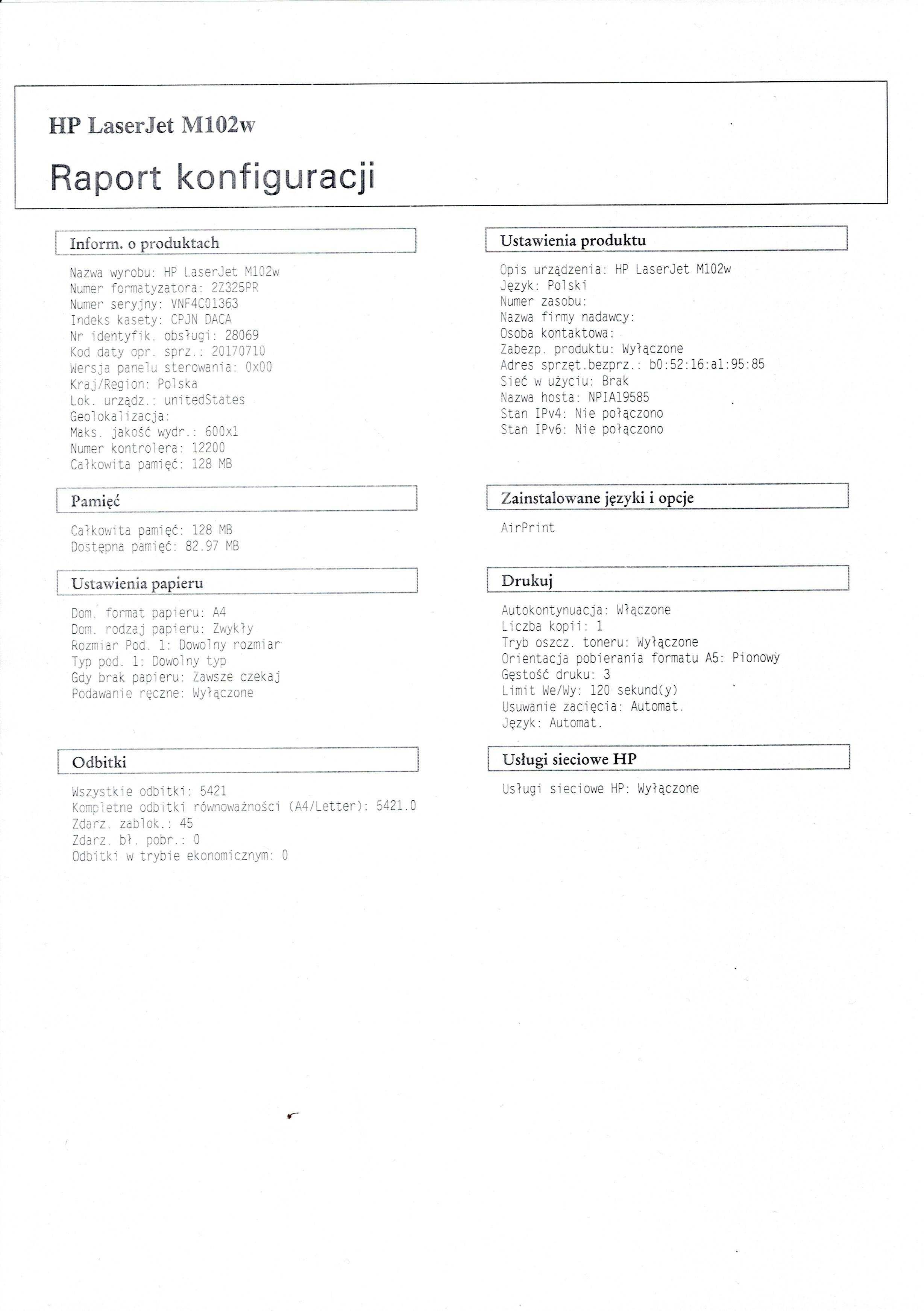 Drukarka HP Laser Jet Pro M102W