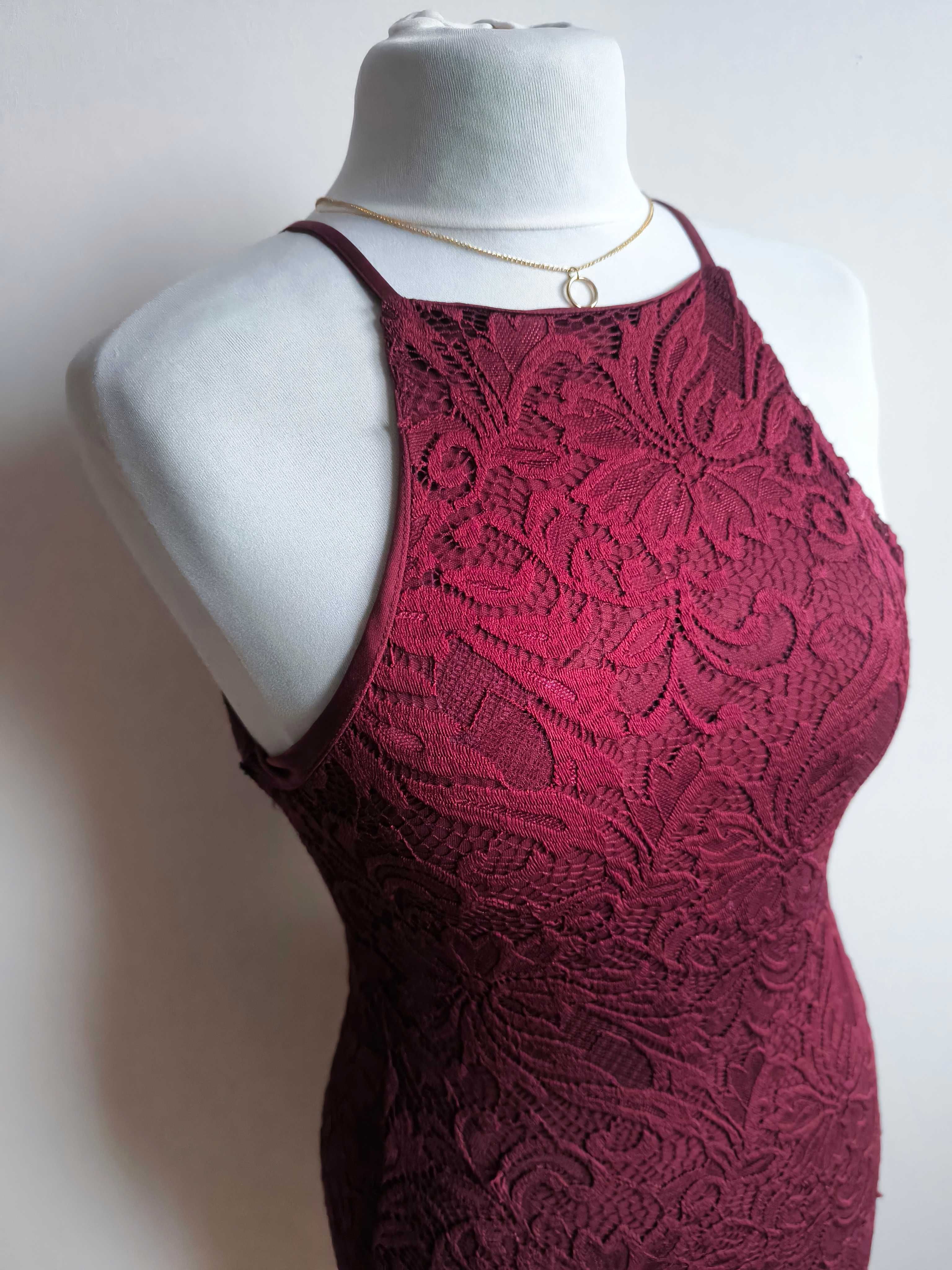 Bordowa elegancka koronkowa sukienka marki New Look w rozmiarze S/36