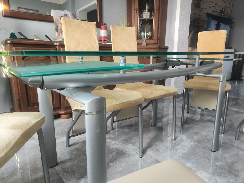 Stół szklany hartowany 150x90 6 krzeseł NOWA SKAJA