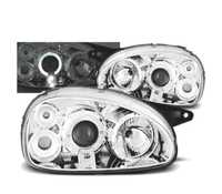 FARÓIS FRONTAIS ANGEL EYES PARA OPEL CORSA B,93-00 FUNDO CROMADO ELEC.