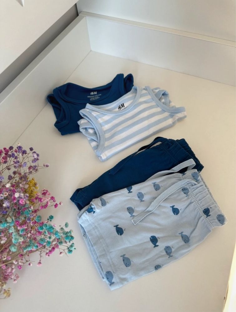 Zestaw niemowlęcy niebieski | 2x body i 2x spodenki | H&M | jak nowe