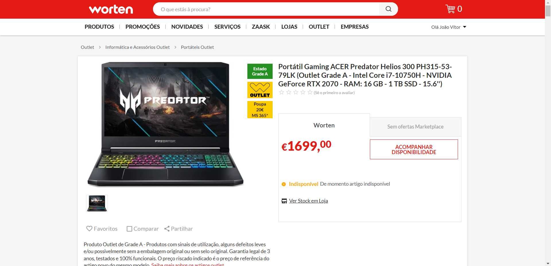 Vendo Portátil Gamer Predator Helios 300