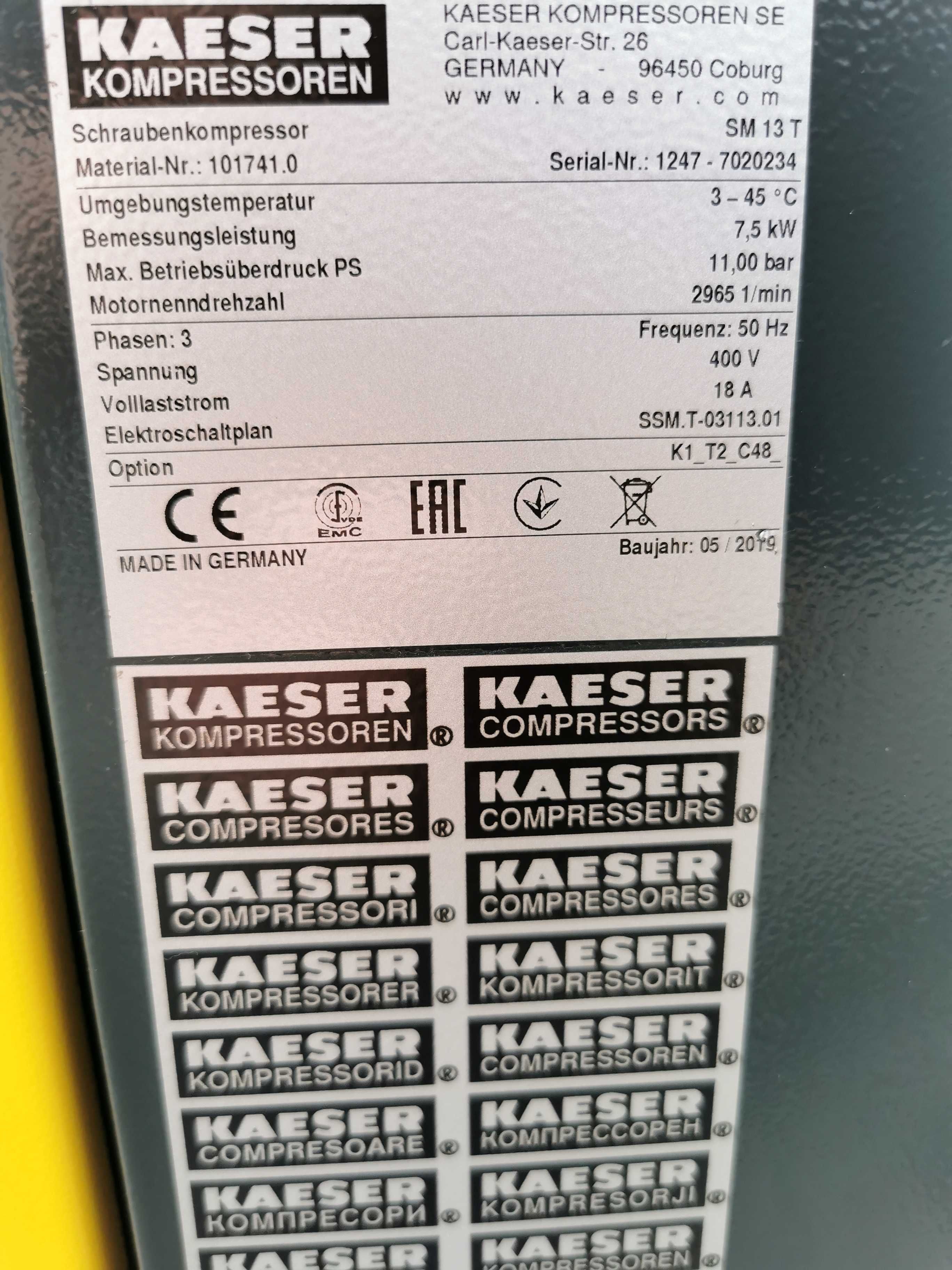 2019r  115h! Sprężarka śrubowa 7,5kw KAESER SM13T kompresor + OSUSZACZ