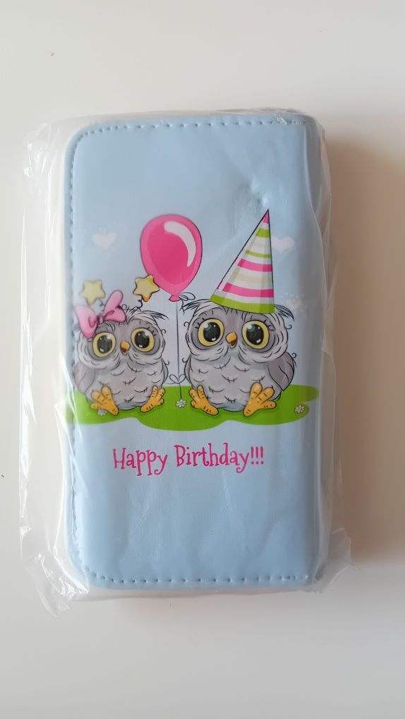 Nowy! Piękny portfel niebieski z sowami "Happy Birthday"