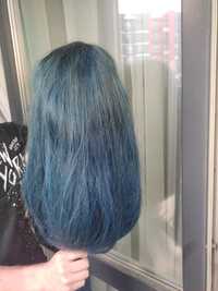 Перука натуральна фарбована синя парик синий натуральный густой 60+ см