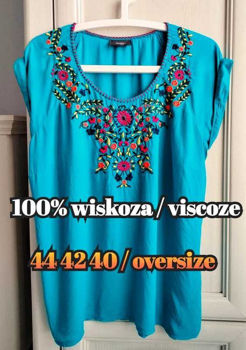 44 42 40 turkusowa morska bluzka haftowaną cottage folk kwiaty hafty