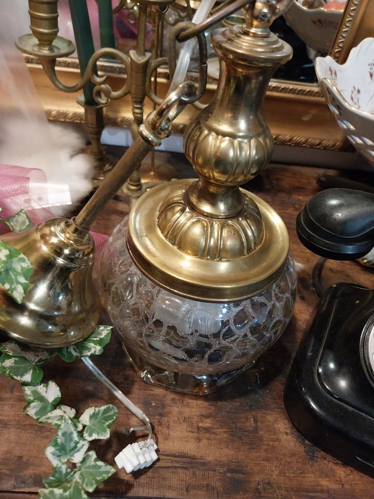 Antyk stara lampa na prąd mosiądz 130lat  szklany klosz  retro vintage
