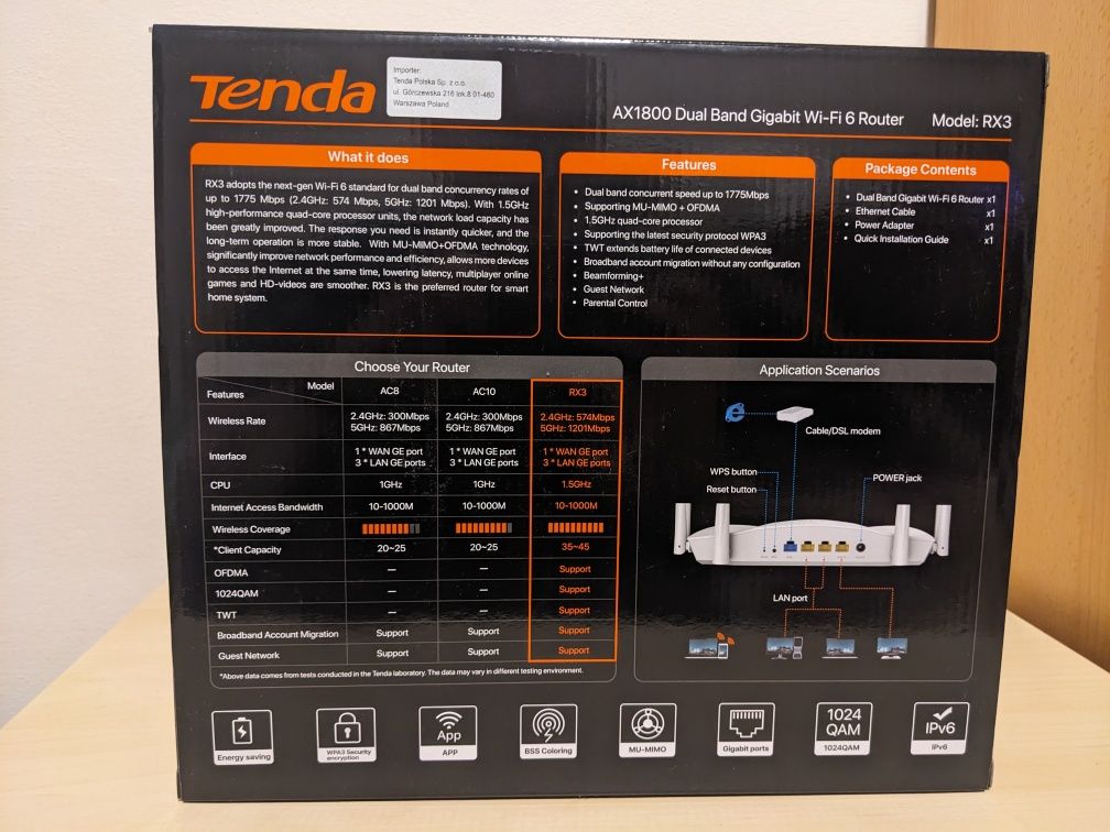 Router Wi-Fi 6 Tenda AX1800 RX3 1201Mbps