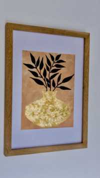 Obrazek ręcznie robiony złota waza w drewnianej ramce