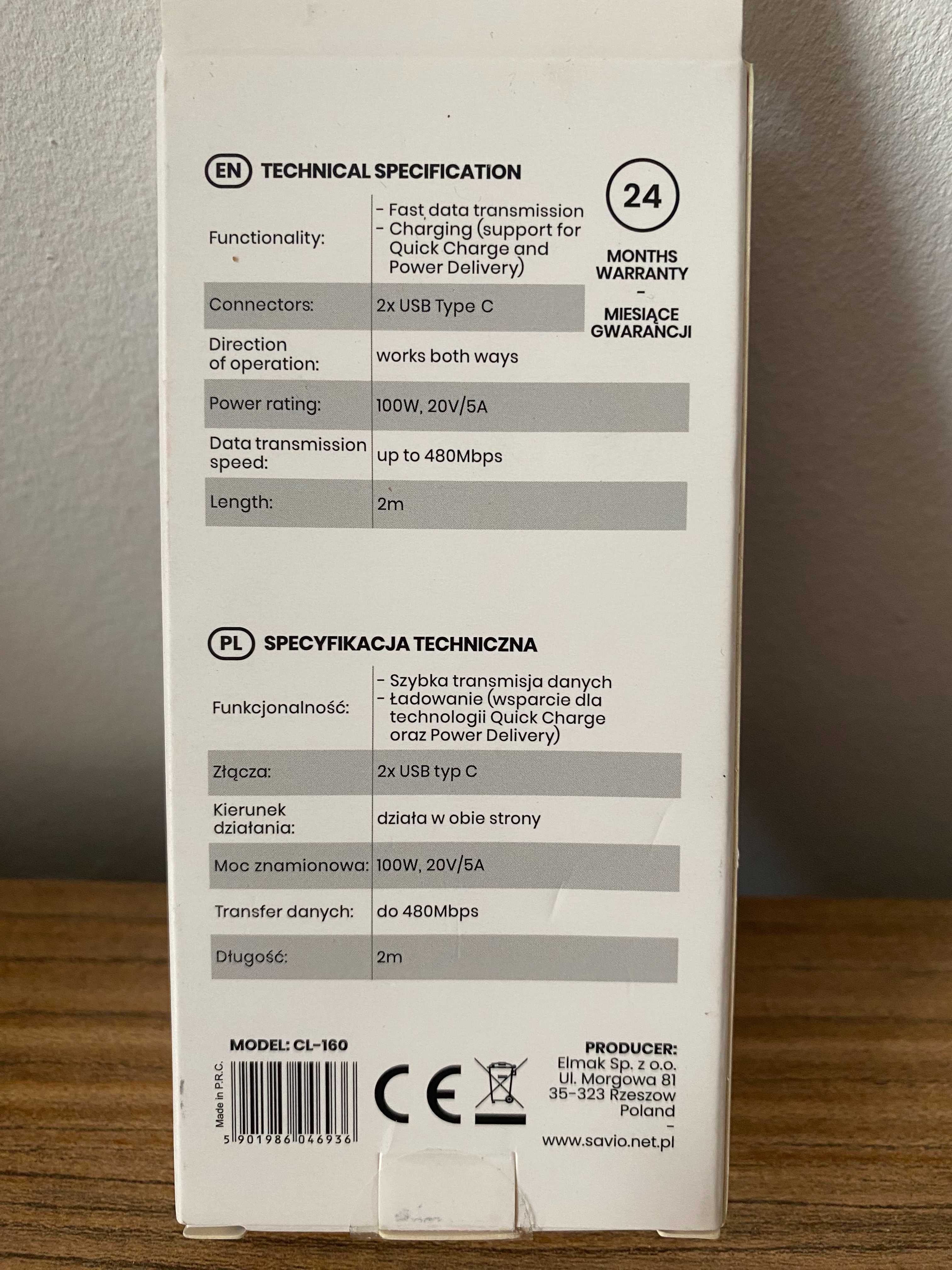 Kabel ładujący USB-C - USB-C  / 2m - moc 100W
