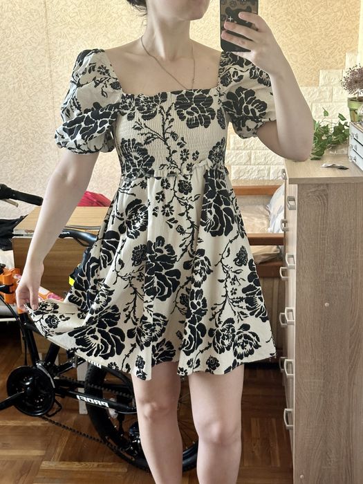 Літня сукня сарафан рукава буфи ліхтарики міні коротка з квітами