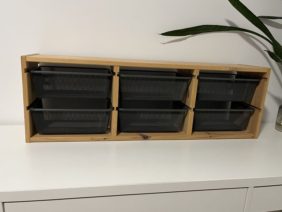 Ikea Trofast sosna wiszący pojemniki metalowe antracyt