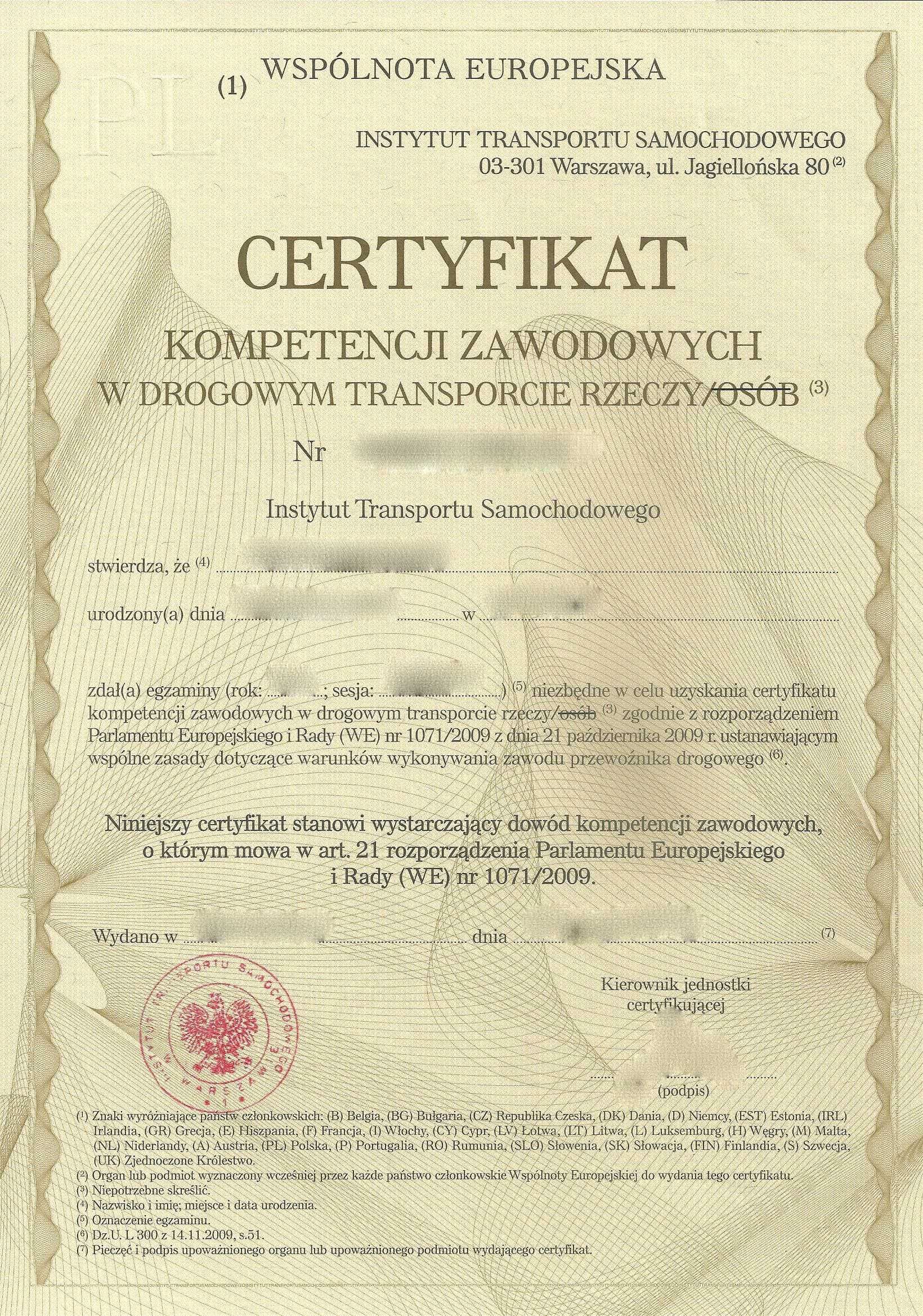 UŻYCZĘ certyfikatu kompetencji zawodowych na PRZEWÓZ RZECZY