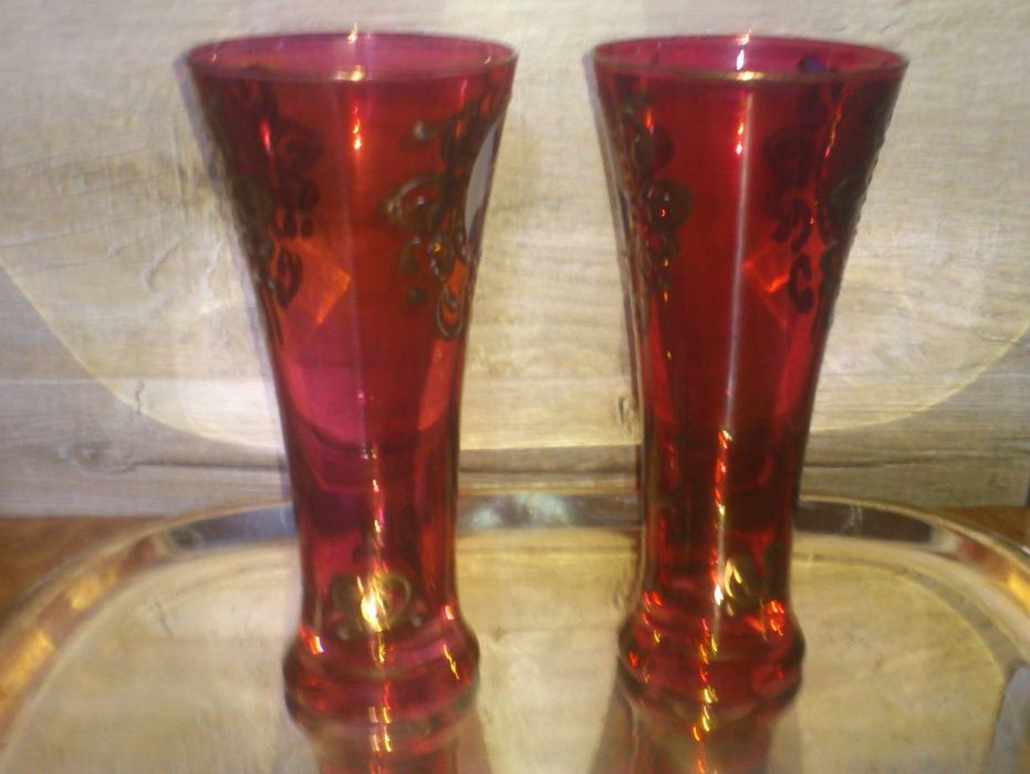 Para szklanic MOSER BOHEMIA Cranberry Gold Medalion Glasses