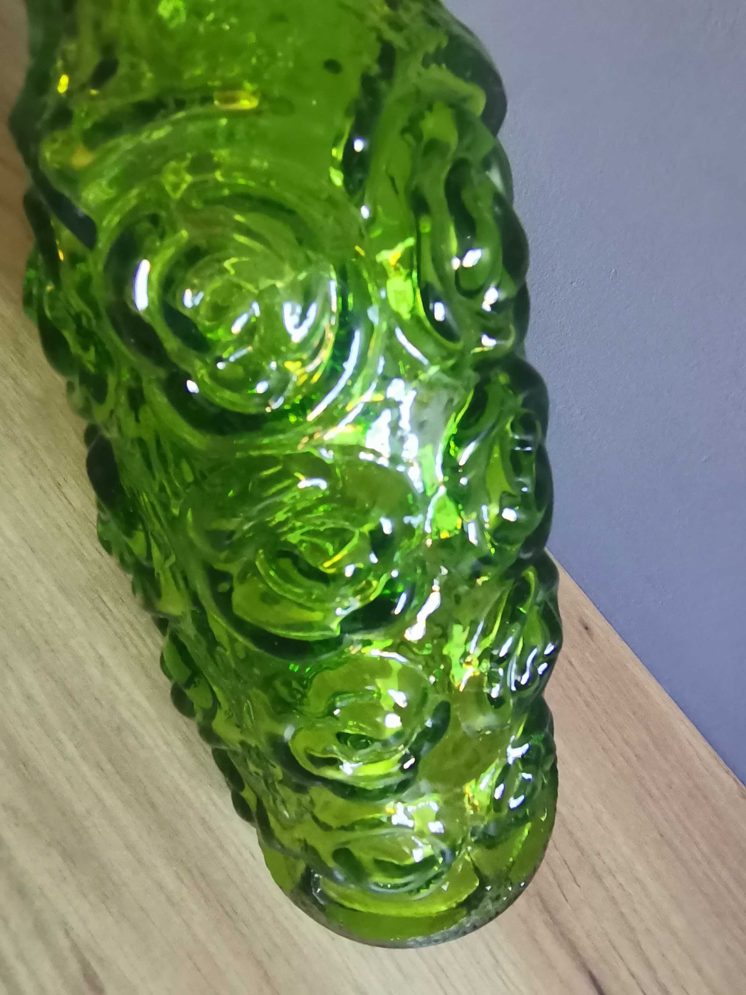 Stary zielony wazon Róże, zielone szkło Laura Tarnów design PRL