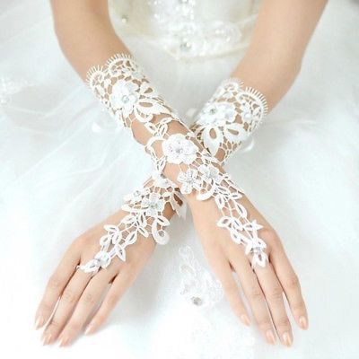 Luvas Sem Dedos Para Noiva Em Renda Forma Flor Branco, Marfim