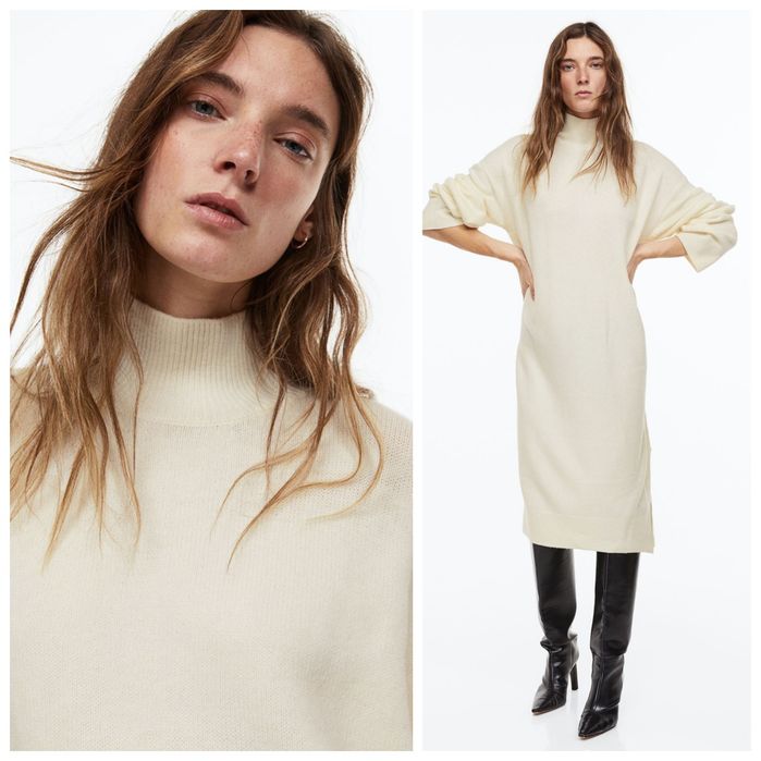 H&M L-3XL luźna owersizowa NOWA dzianinowa sukienka ecru śmietankowa