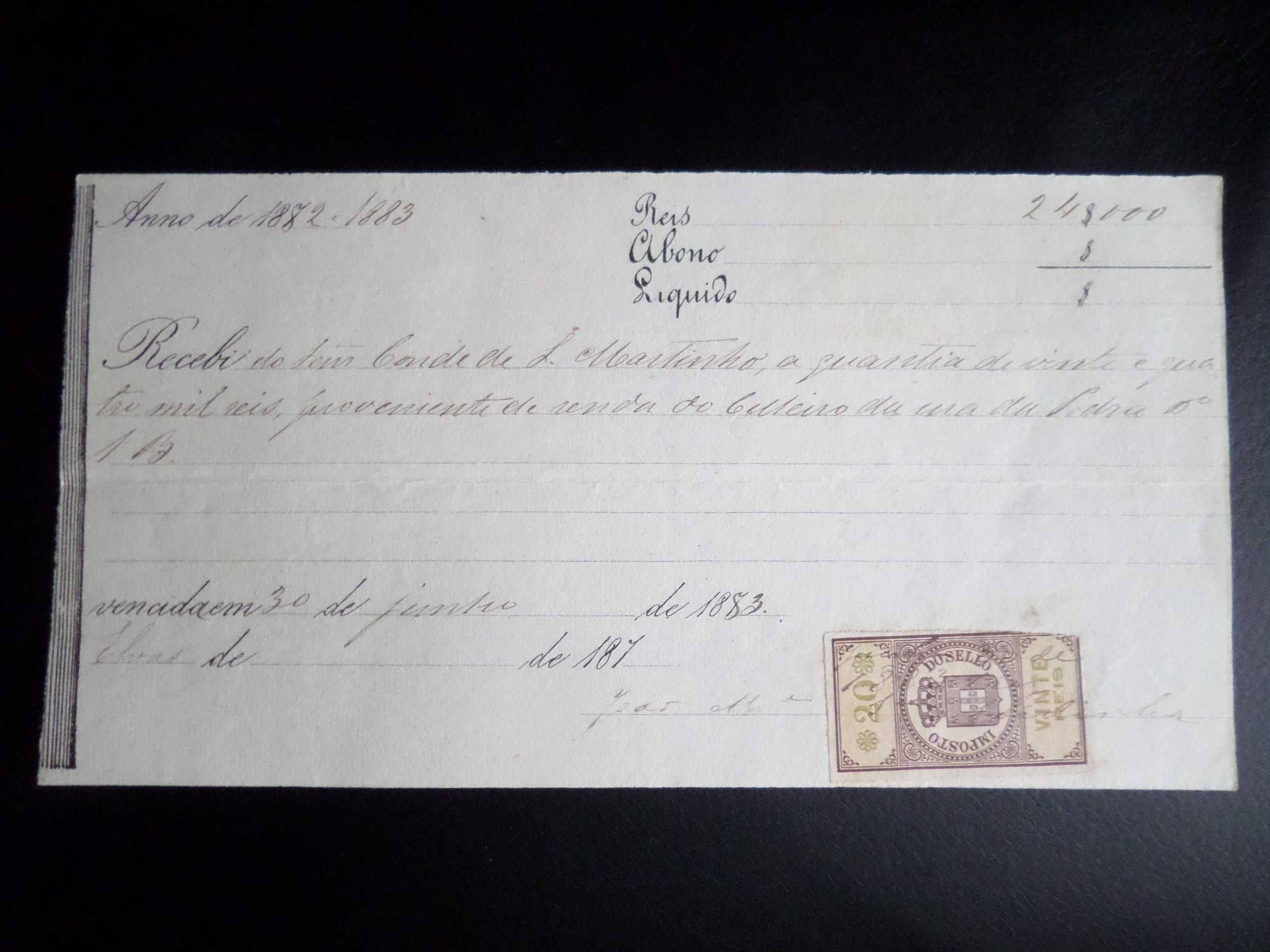 Documento / Recibo manuscrito , 1883 , Conde de S. Martinho