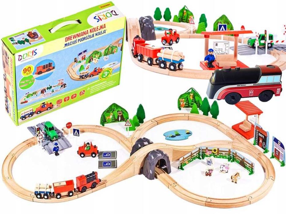 Duża drewniana kolejka na baterie + mnóstwo akcesoriów