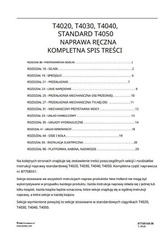 Instrukcja Napraw New Holland T 4020, T 4030, T 4040, T 4050 PL