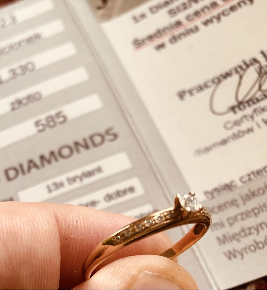 Złoty pierścionek z brylantami 0,13ct ZŁOTO Au 585 BRYLANT CERTYFIKAT