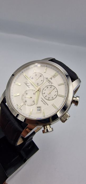 Wielki Atlantic Sealine Chronograph Black&White - szafir - skóra Swiss