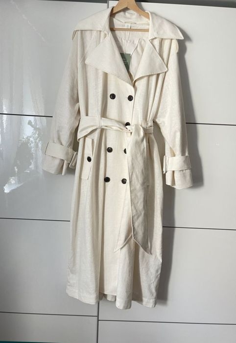 Trencz H&M długi ecru  56-58   38/40  oversize    len bawełna
