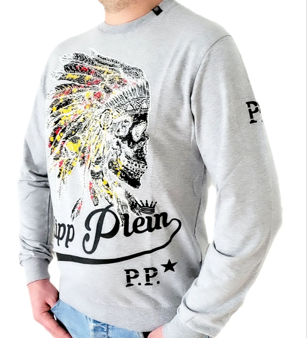 Philipp Plein Bluza Męska motyw Indianin szara