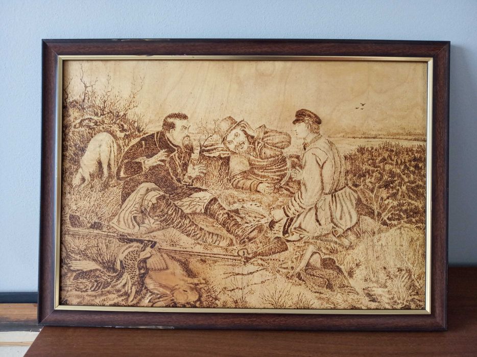 Картина «Охотники на привале» выжигание, 40х60см. Подарок