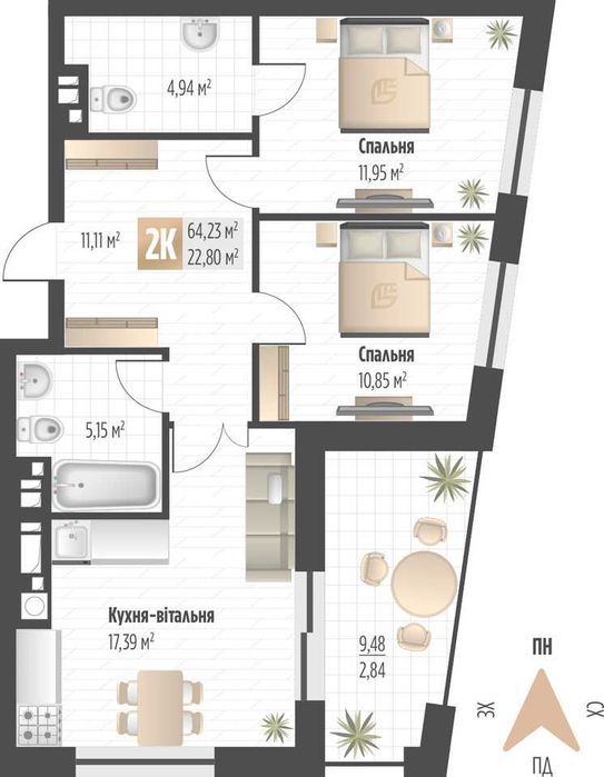 Продаж 2 кім. квартири SOUL PARK вул П. Орлика 64.23 кв.м