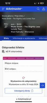 2 Bilety Myles Smith Hybrydy Warszawa