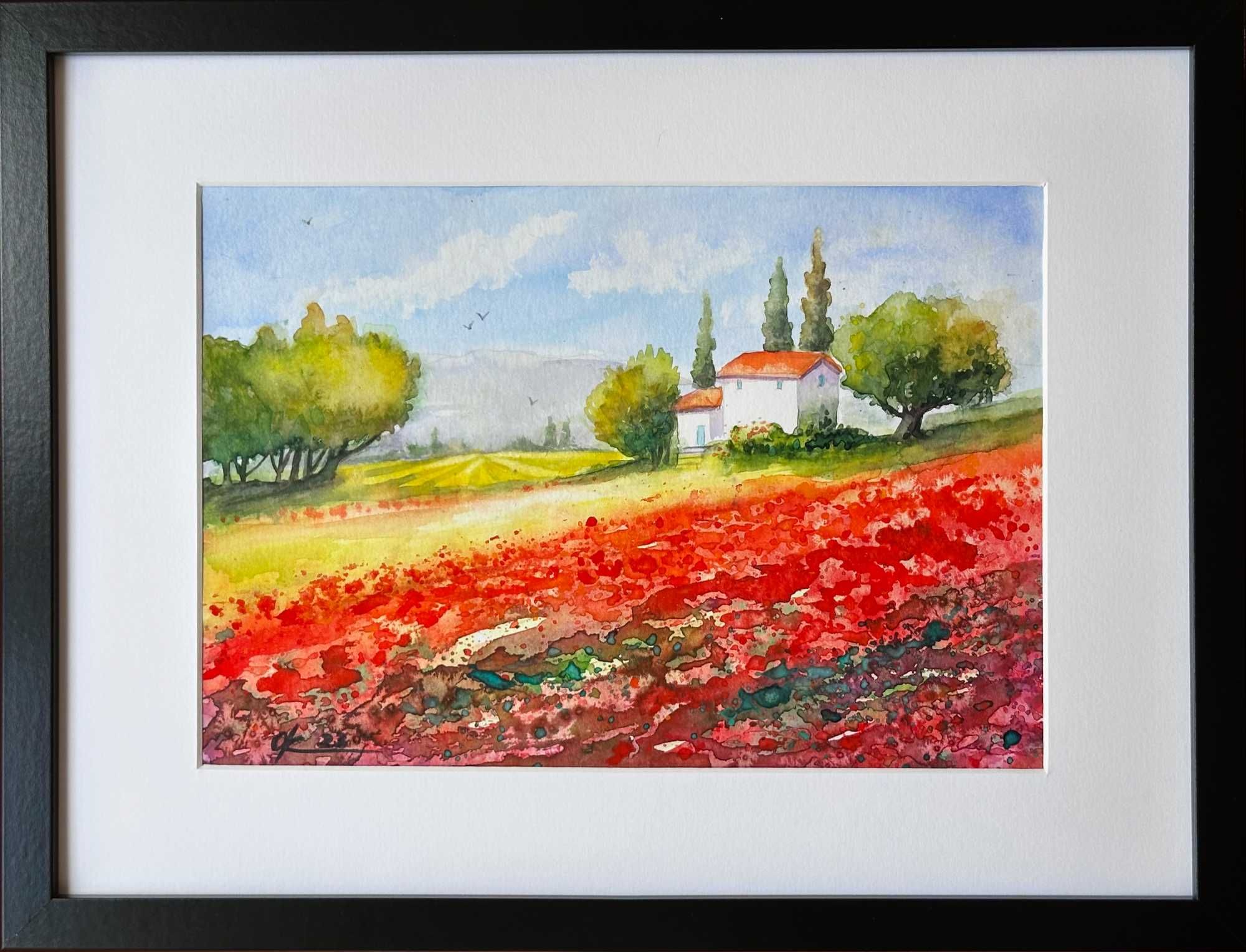 Pintura a aguarela com moldura, papoilas / Framed Poppy Field painting