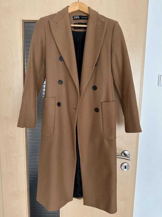 Płaszcz Zara wełna Manteco wełniany brązowy camel rozm XS NOWY