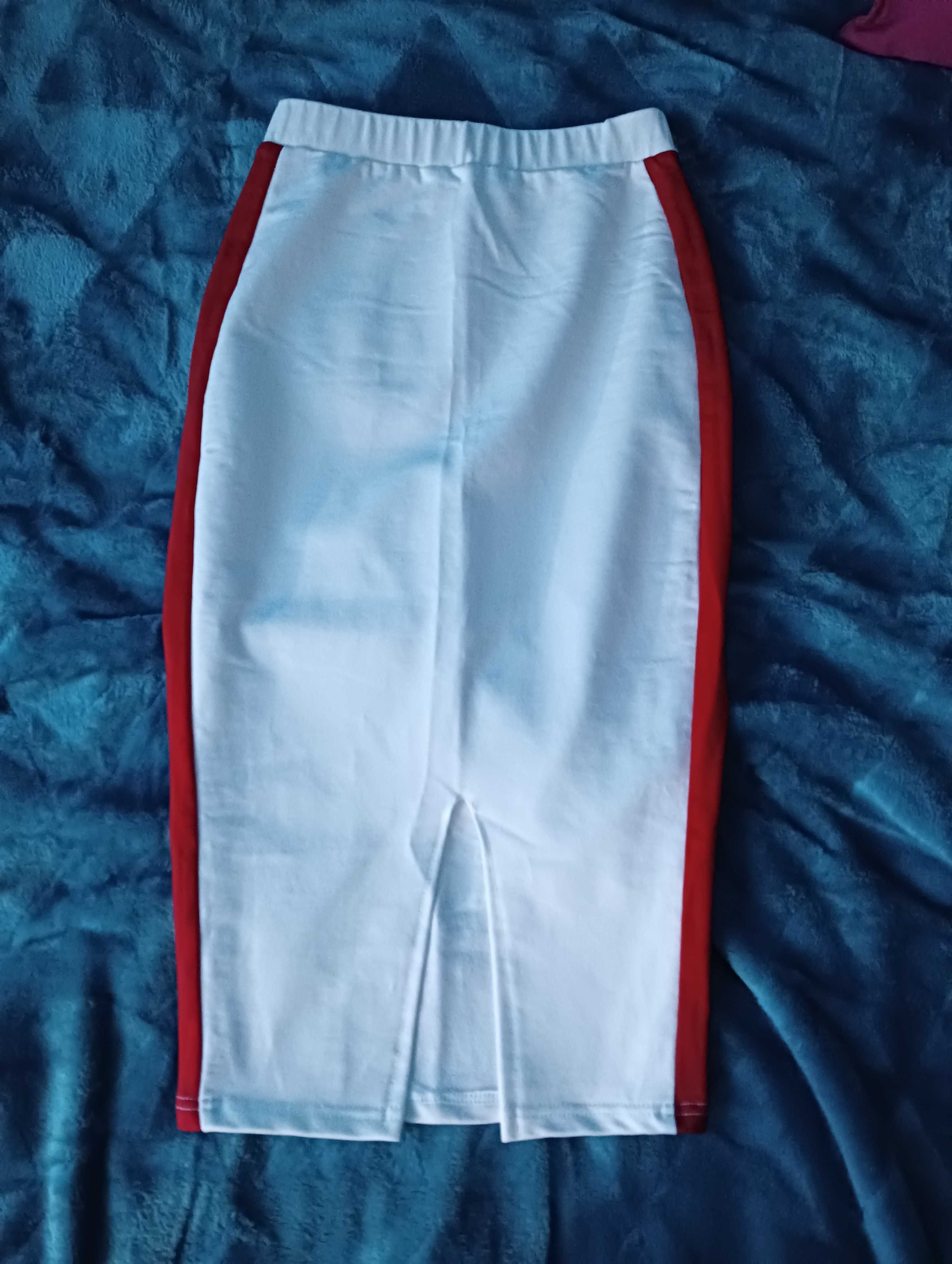 Spódnica biała ołówkowa rozporek z tyłu czerwony pasek po boku xs