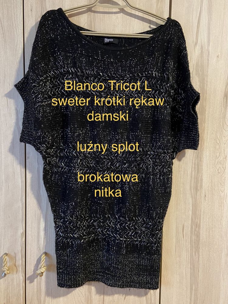 Blanco Tricot L dłuższy czarny sweter krótki rękaw luźny splot brokat