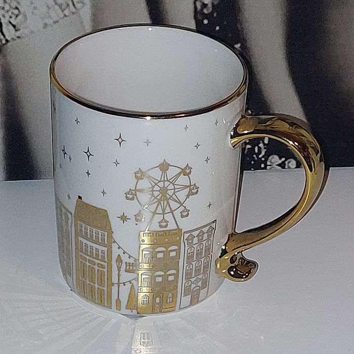 1zł Wysyłka Śliczny glamour kubek ceramiczny z motywem złotych domków