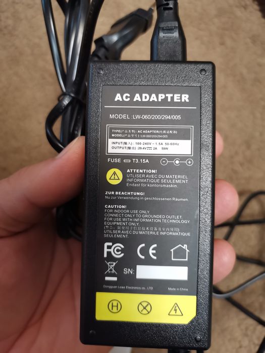 Блок живлення, зарядний пристрій, 29.4V, 2A, 59W
