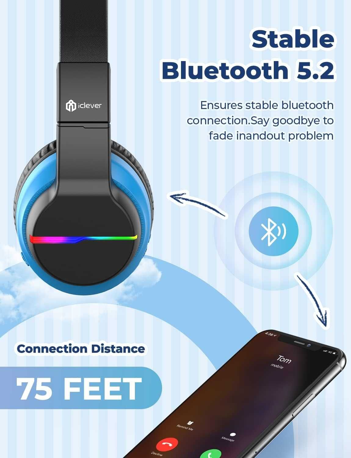iClever Słuchawki dziecięce Bluetooth, kolorowe diody LED
