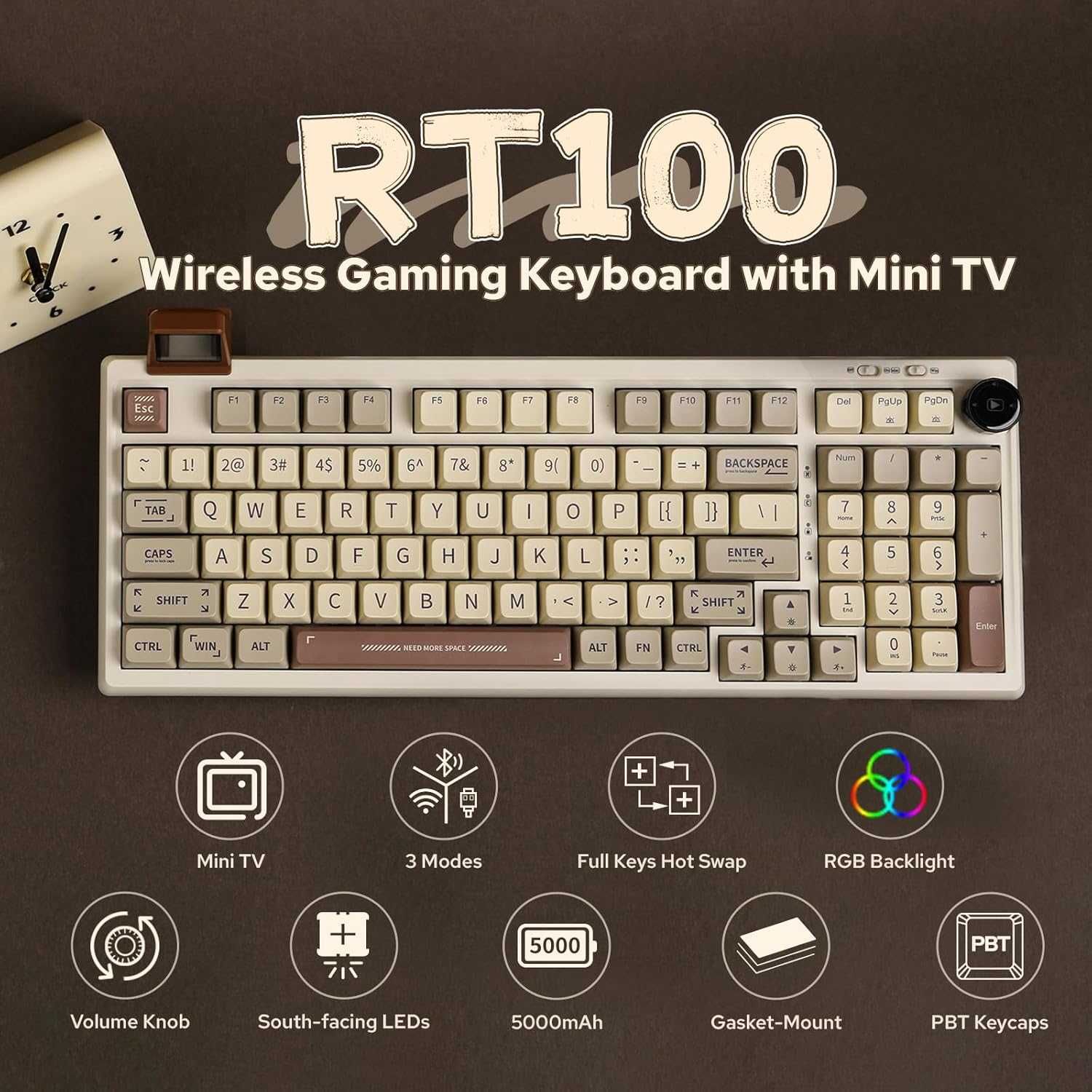 Epomaker RT100 Retro White 95% US ASNI бездротова механічна клавіатура